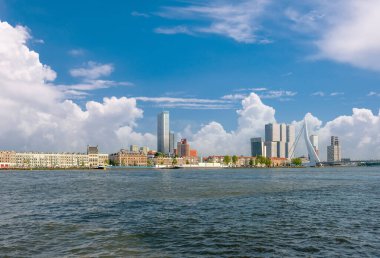 Rotterdam şehrinin manzarası Erasmus Köprüsü ve Nieuwe Maas (Rhine) nehri önünde. Güney Hollanda, Hollanda. 
