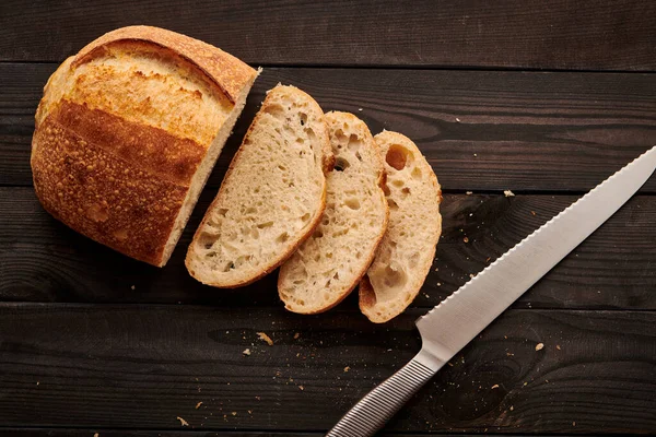 Freshly Baked Homemade Tartine Bread Dark Wooden Table — Stock Photo, Image