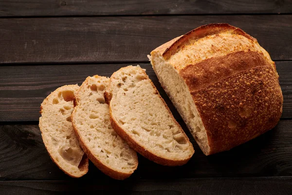 Freshly Baked Homemade Tartine Bread Dark Wooden Table — Stock Photo, Image