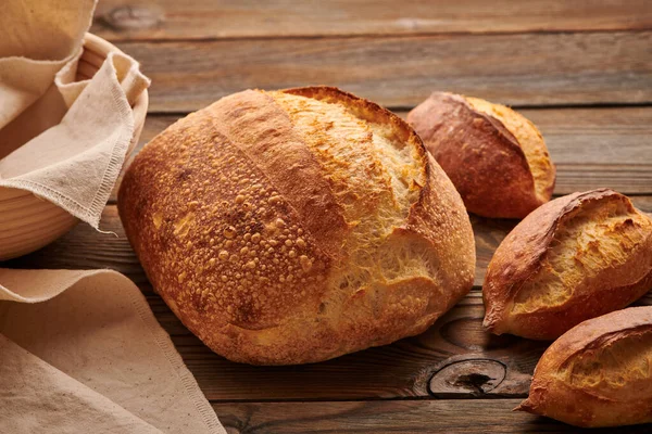 Freshly Baked Homemade Tartine Bread Wooden Table — Stock Photo, Image