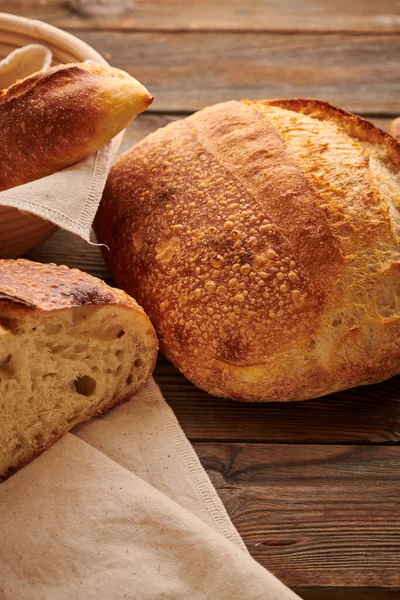 Freshly Baked Homemade Tartine Bread Wooden Table — Stock Photo, Image