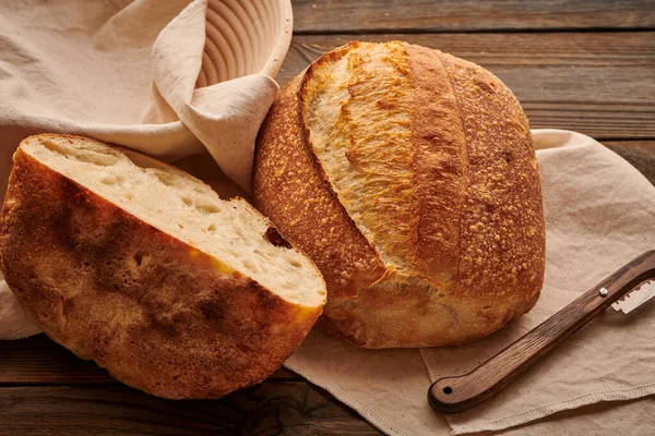 Freshly Baked Homemade Tartine Bread Wooden Table — Stock Photo, Image