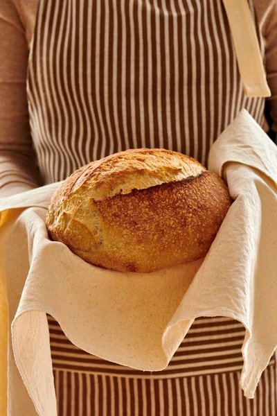 Baker Woman Holding Rustic Organic Loaf Tartine Homemade Bread Hands — Stock Photo, Image