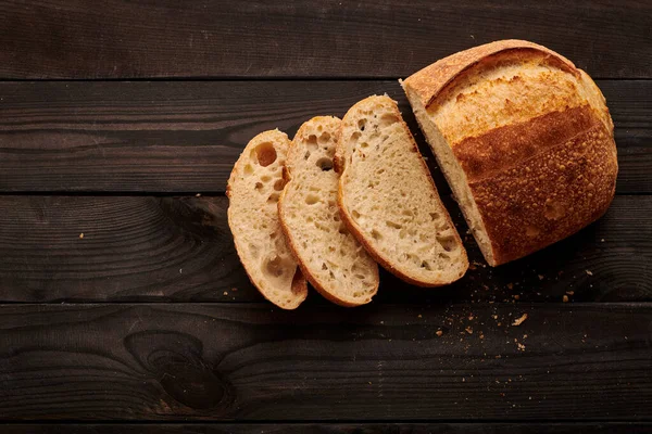 Freshly Baked Homemade Tartine Bread Dark Wooden Table — Stock Photo, Image