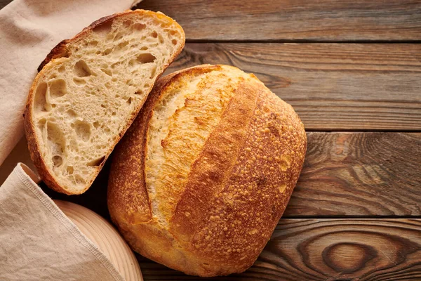 Freshly Baked Homemade Tartine Bread Wooden Table — Stock Photo, Image