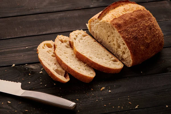 Freshly Baked Homemade Tartine Bread Dark Wooden Table — Stock Photo, Image