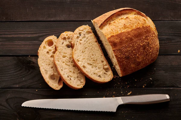 Freshly Baked Homemade Tartine Bread Dark Wooden Table — Stock Photo, Image