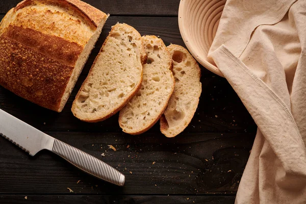 Freshly Baked Homemade Tartine Bread Dark Wooden Table — Stock Photo, Image