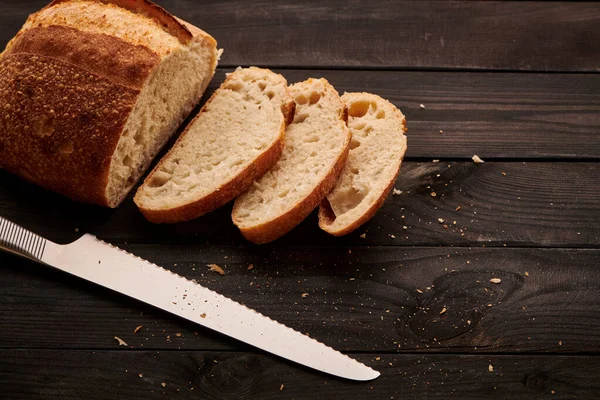 Freshly Baked Homemade Tartine Bread Dark Wooden Table — Stock Photo, Image