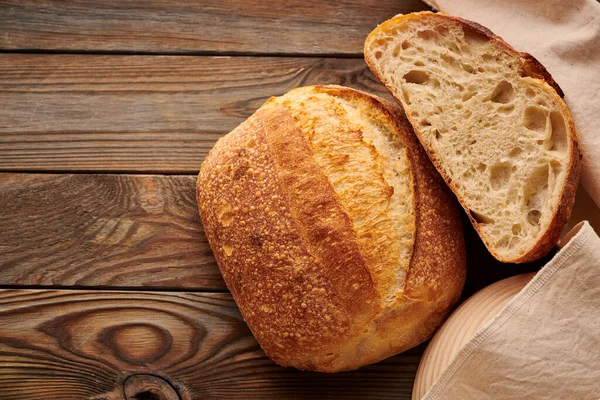 Freshly Baked Homemade Tartine Bread Wooden Table — Stock Photo, Image