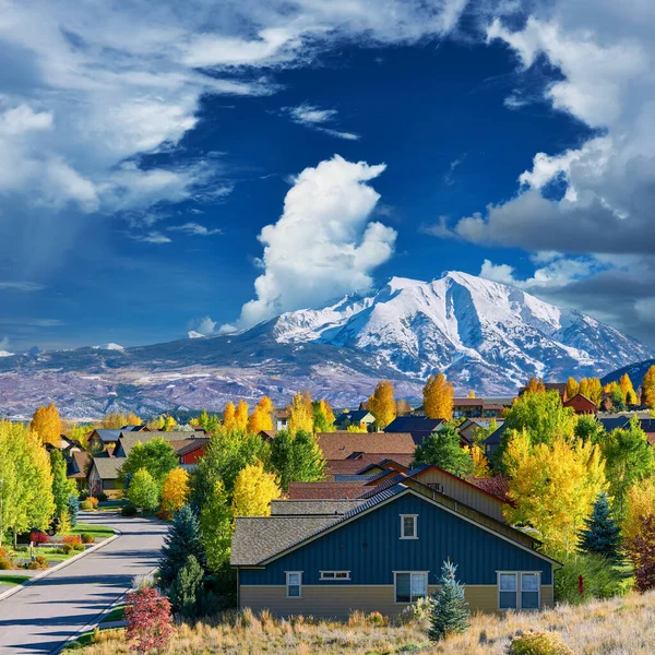 Residential Neighborhood Colorado Autumn Usa Mount Sopris Landscape Stock Picture