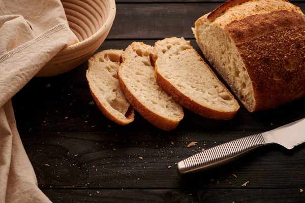 Freshly Baked Homemade Tartine Bread Dark Wooden Table — Stock Photo, Image