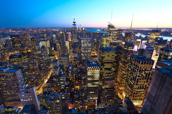 Cityscape view of Manhattan with Empire State Building, New York City, USA at night