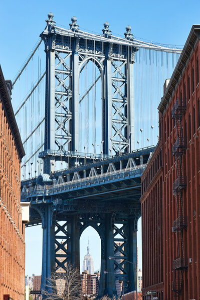 Famous view at Manhattan Bridge from Brooklyn in New York City
