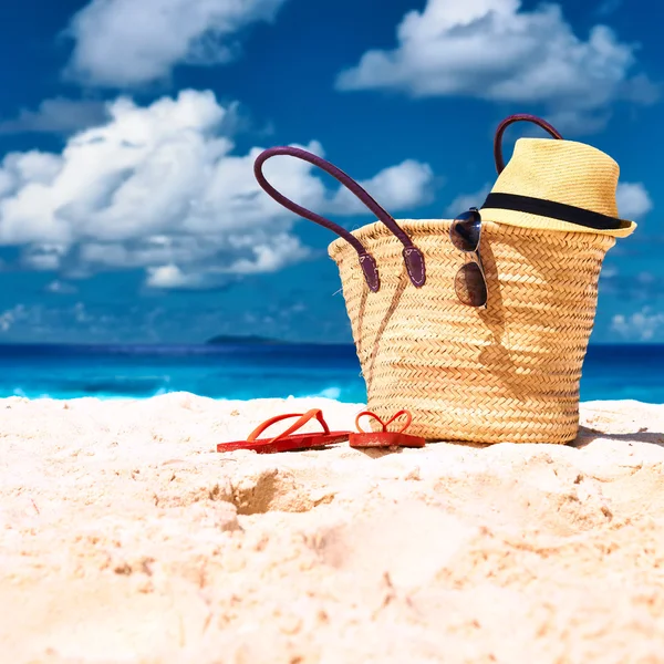 Beach with bag with accessories — Stock Photo, Image