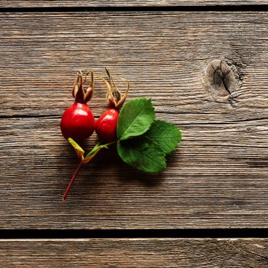 Kuşburnu ahşap arka plan üzerinde