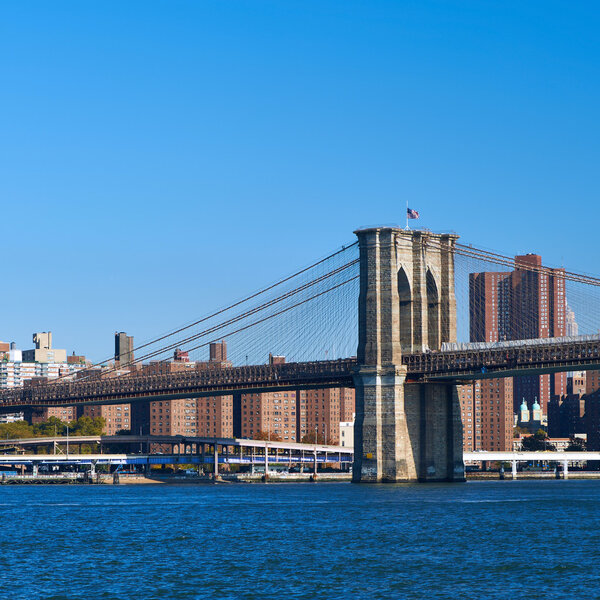 Lower Manhattan skyline and Brooklyn bridge in New York City
