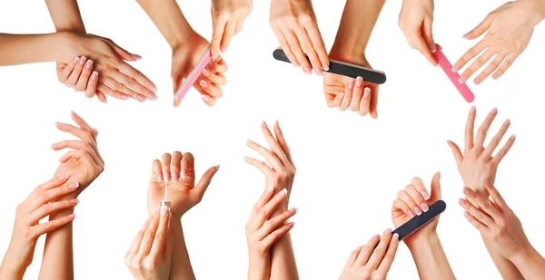 Mãos femininas com conjunto de manicure — Fotografia de Stock