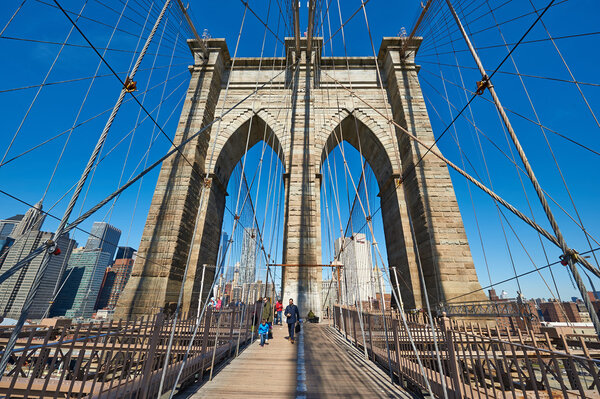 NEW YORK CITY - APRIL 1: Brooklyn Bridge with lower Manhattan skyline in New York City, USA, April 1 2014 in New York, USA