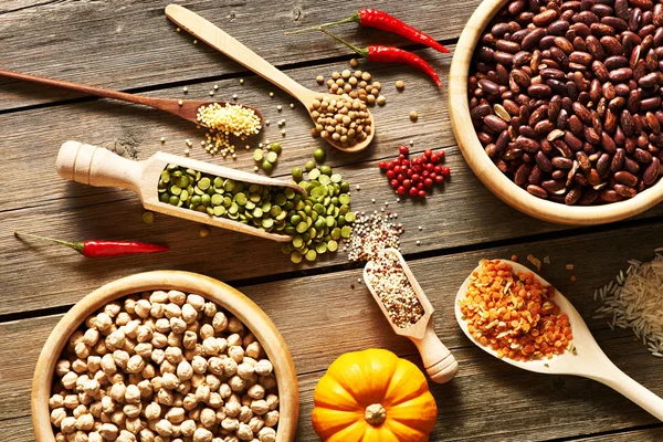 Bowls and spoons of various legumes — Stock Photo, Image