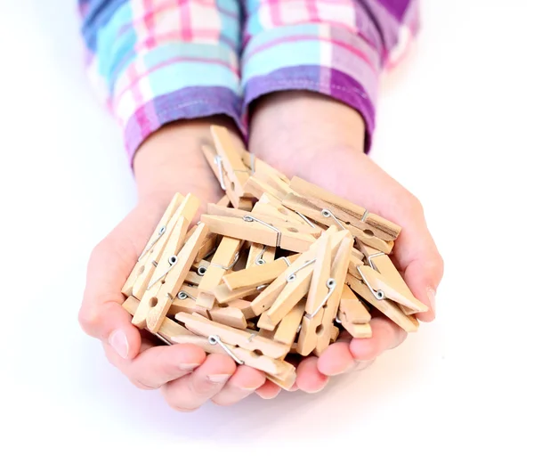 Many Clothespins Hands Child — Stock Photo, Image