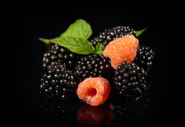 Siyah arka planda olgun ahududu ve böğürtlen