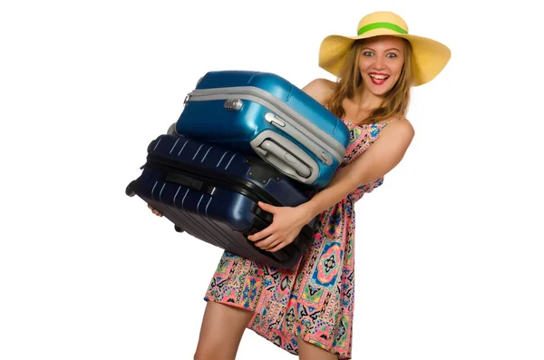 Femme avec valise isolée sur blanc — Photo