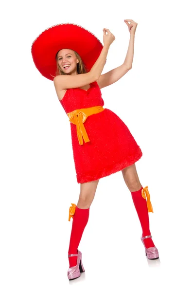 Woman wearing sombrero on the white — Stock Photo, Image