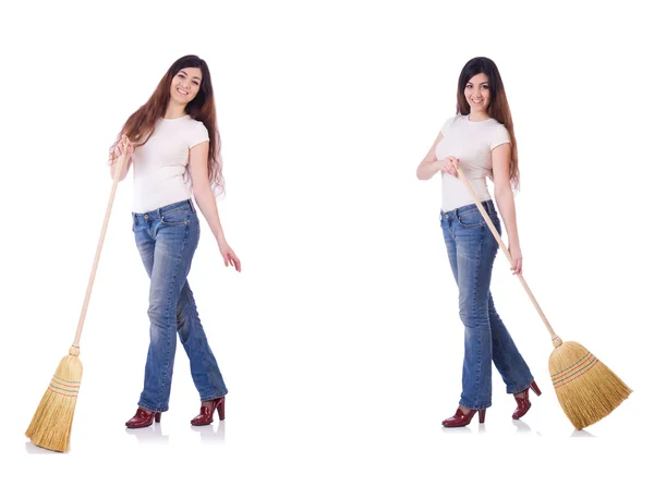 Woman with broom isolated on white — Stock Photo, Image