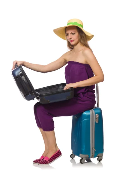 Femme avec valise isolée sur blanc — Photo