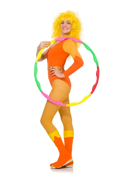 Woman with hula hoop isolated on white — Stock Photo, Image