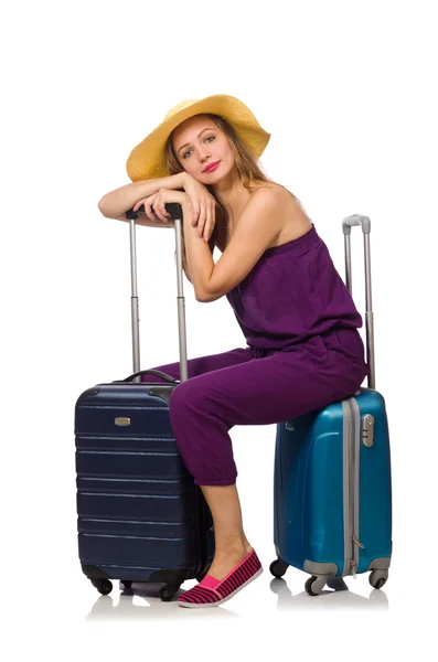 Femme avec valise isolée sur blanc — Photo