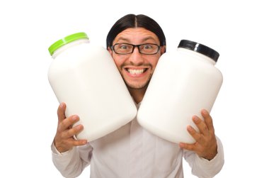 Komik doktor ile üzerine beyaz izole protein kavanoz
