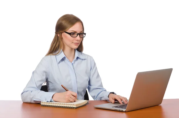 Ufficio dipendente al tavolo di lavoro isolato su bianco — Foto Stock