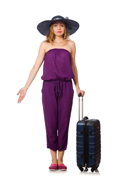 Vrouw met koffer geïsoleerd op wit — Stockfoto
