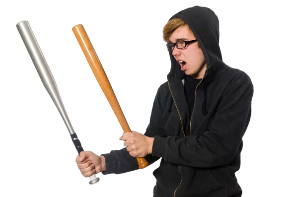 Homem agressivo com bastão de beisebol isolado em branco — Fotografia de Stock