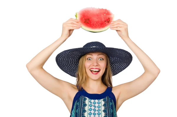 Woman eating watermelon isolated on white — Stock Photo, Image