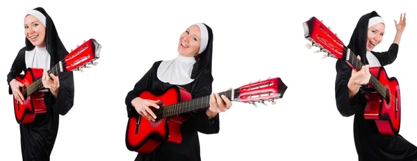 Nun with guitar isolated on white — Stock Photo, Image