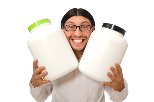 Médico engraçado com frascos de proteína isolados em branco — Fotografia de Stock