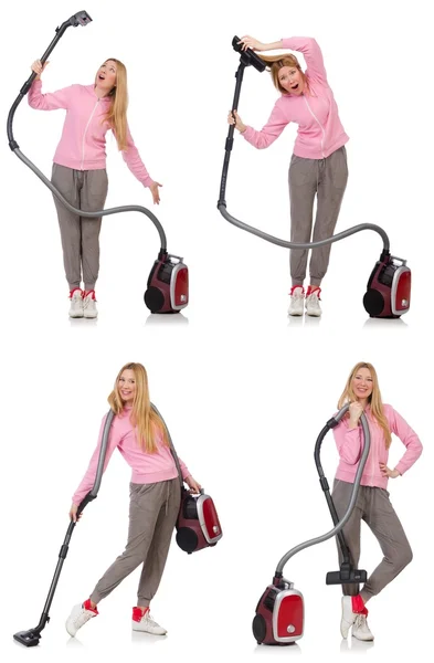 Young woman with vacuum cleaner on white — Stock Photo, Image