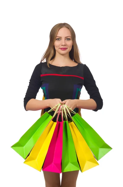 Donna con shopping bags isolata su bianco — Foto Stock