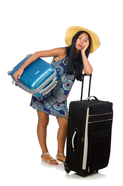 Femme avec valise isolée sur blanc — Photo
