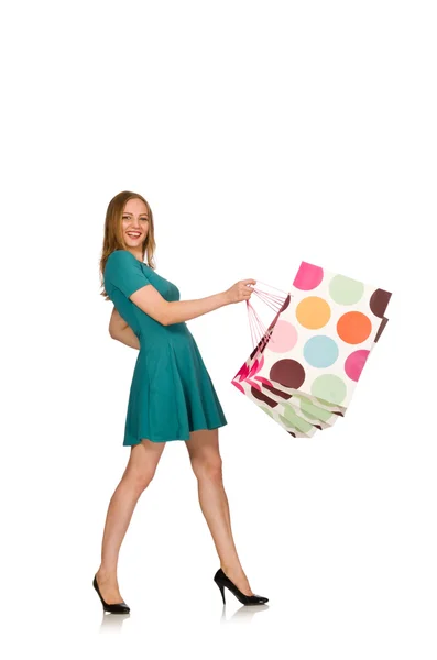 Donna con shopping bags isolata su bianco — Foto Stock