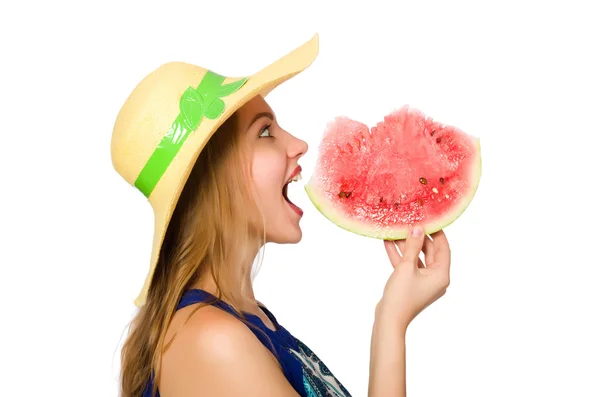 Woman eating watermelon isolated on white — Stock Photo, Image
