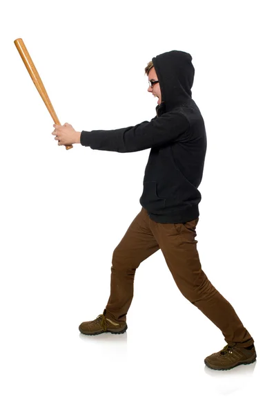 Homem agressivo com bastão de beisebol isolado em branco — Fotografia de Stock
