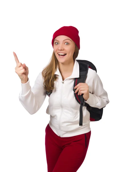 Étudiant drôle avec sac à dos isolé sur blanc — Photo