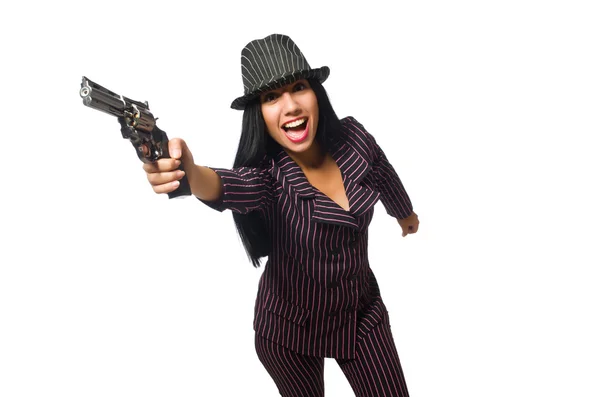 Gangster žena s pistolí izolované na bílém — Stock fotografie