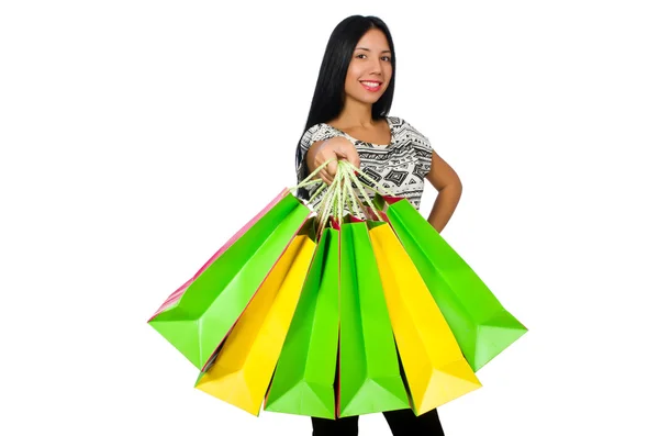 Mulher com sacos de compras isolados em branco — Fotografia de Stock