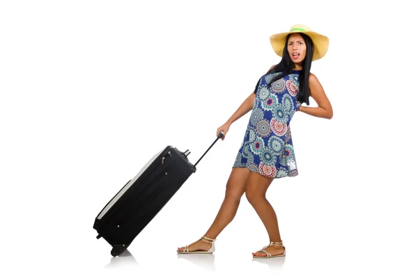 Femme avec valise isolée sur blanc — Photo