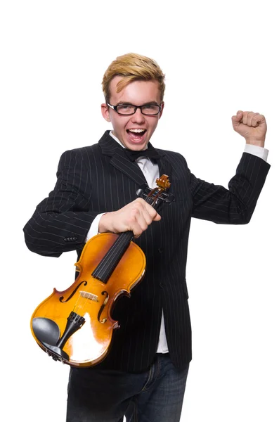 Jovem músico com violino isolado em branco — Fotografia de Stock